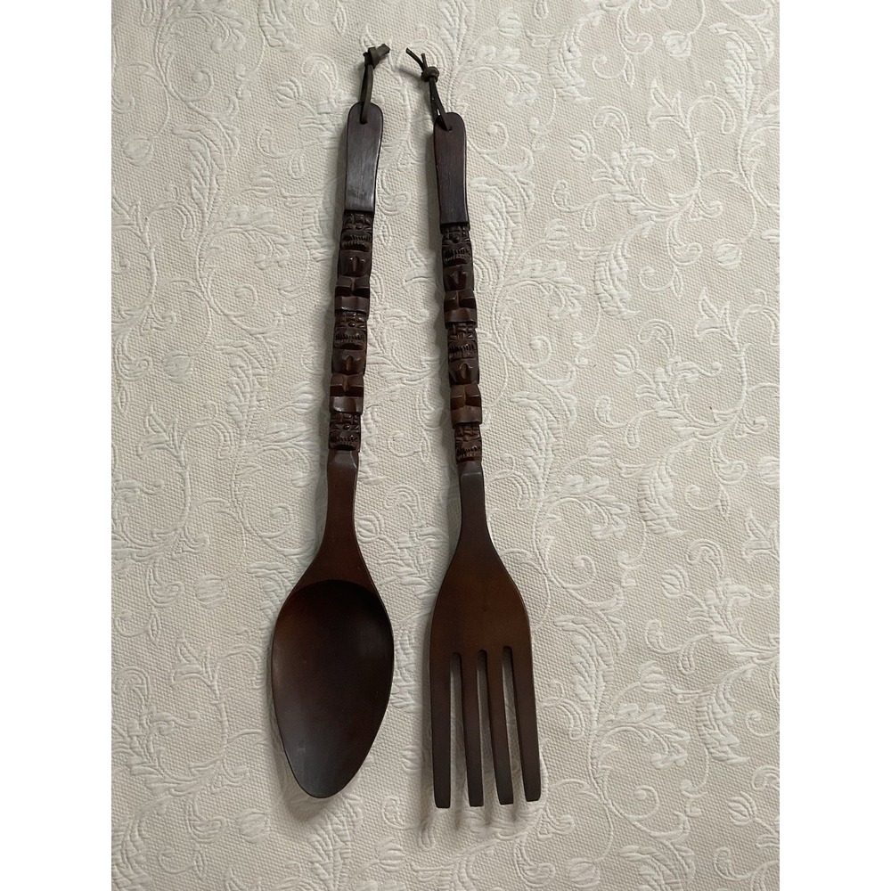 Vintage MCM Fork Spoon Kitchen Wall Decor Tiki Totem Pole Hand Carved Wood 29" - Picture 11 of 16